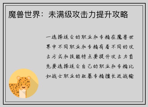 魔兽世界：未满级攻击力提升攻略